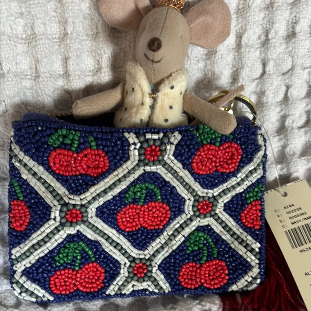 Anthropologie CHERRIES Beaded Coin Purse: Lucky Icons Edition blue red Gift Card